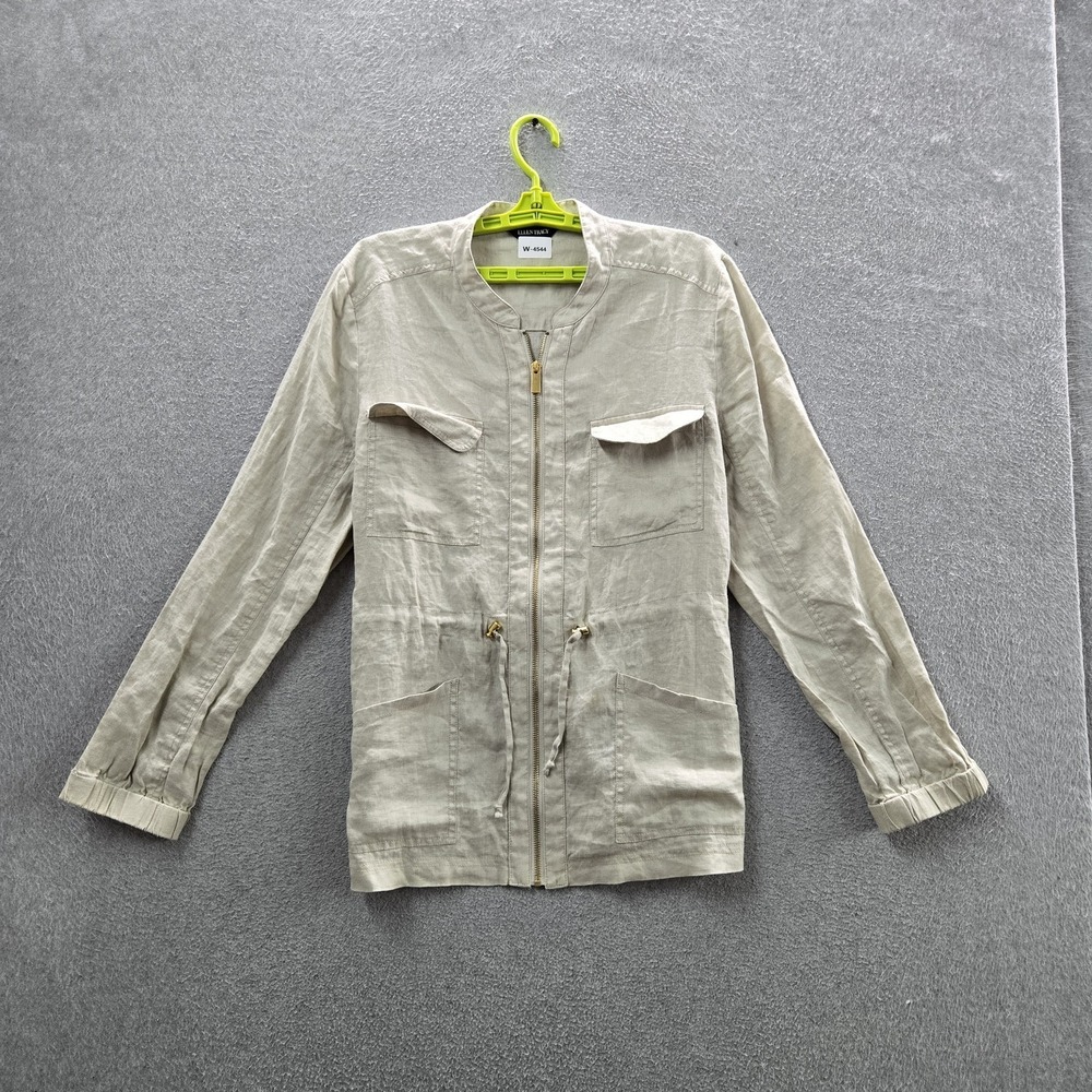 ELLEN‎ TRACY Women Jacket XL Beige Linen Utility Zipper Button Long Sleeve